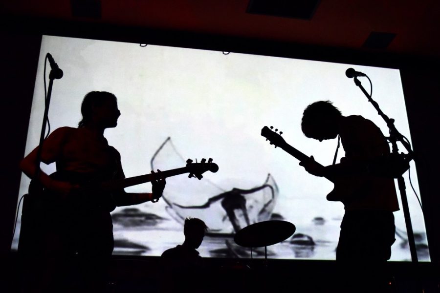 Prabjit Virdee, left, Roger Reed, center, Mike Barnett, right, and Thomas Sloane, not pictured, of Mute Swan perform during their set at The Screening Room in downtown Tucson on Saturday, Aug. 27, 2016.  The show was coordinated by Downtown Radio and included performances from Carmina Robles, Baptista, Sorry About the Garden and Mute Swan.