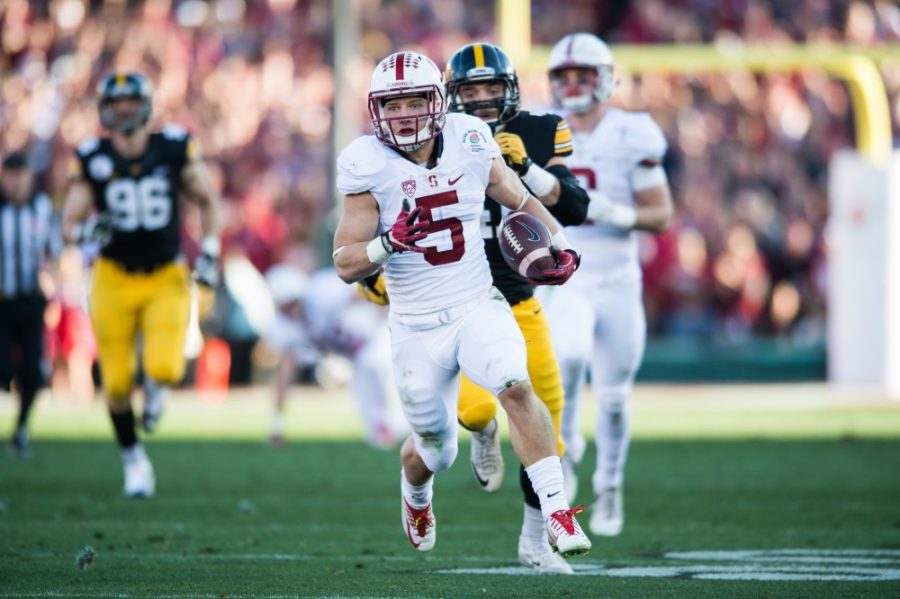 Stanford running back Christian McCaffrey (5) races down the field during the Rose Bowl on Friday, Jan. 1 in Pasadena, Calif.