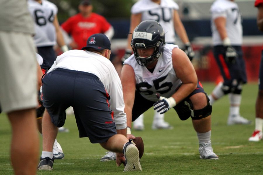 Arizona offensive lineman Zach Hemmila at practice on Friday, Aug. 5. Hemmila passed away in his sleep and was found dead Monday morning.