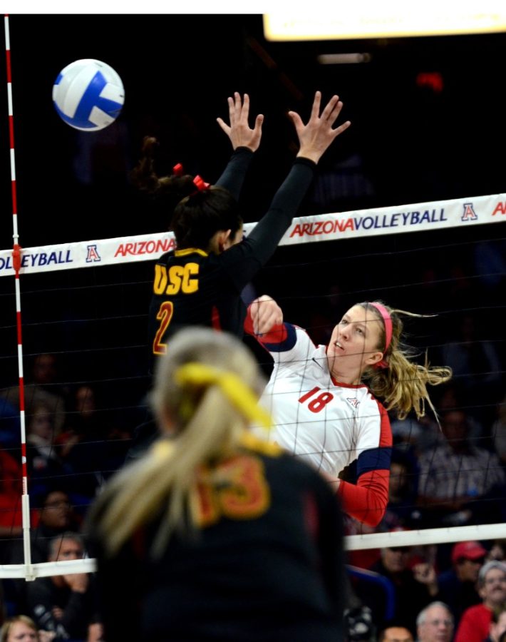 Arizona volleyball player McKenzie Jacobson spikes the ball against USC on Wednesday, November 26, 2015.

