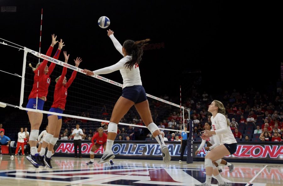Arizona+outside+hitter+Kalei+Mau+%2810%29+spikes+the+ball+in+the+match+against+Southern+Methodist+University+on+Friday%2C+Sept.+3.