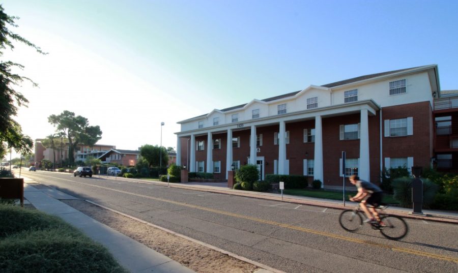 A view looking down Greek Row, located on E. First. Street, in Tucson. Greek Row is home to most of UAs fraternities and sororities.
