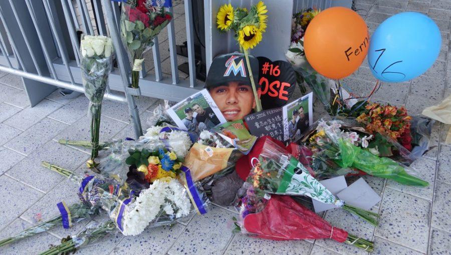 A memorial for Jose Fernandez takes shape at Marlins Park in Miami after the game against the Atlanta Braves was cancelled when Fernandez died in a boating accident, Sunday, Sept. 25, 2016, in Maimi Beach.  