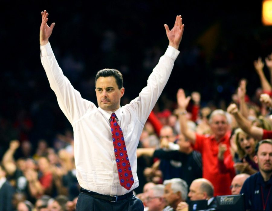 Arizona+mens+basketball+head+coach+Sean+Miller+throws+his+arms+up+following+the+Wildcats+last-minute+victory+over+California+in+McKale+Center+on+March+3%2C+2016.+Miller+has+a+top-10+recruiting+class+this+season+and+is+seeking+his+first+Final+Four.