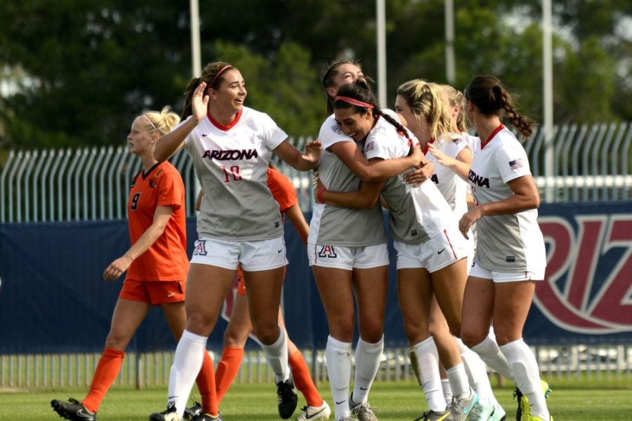 The Arizona womens soccer team celebrates after the first goal of its win against Oregon State at Murphey Field at Mulcahy Soccer Stadium on Oct. 25, 2015. The Wildcats spoiled the Beavers Senior Day on Sunday, Oct. 23, 2016, with a comfortable 3-0 victory. 