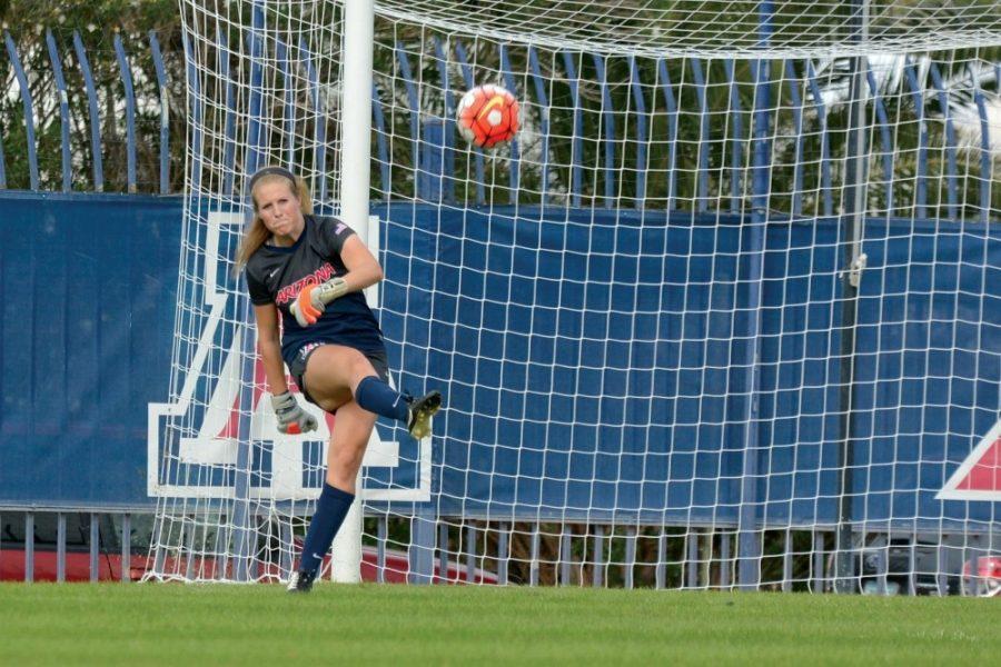 Arizona goalkeeper Lainey Burdett (1) kicks the ball out of the penalty box during the Wildcats 2-1 win over Oregon State at Murphy Field at Mulcahy Soccer Stadium Oct. 25, 2015. The Wildcats are 6-7-1 so far this season.