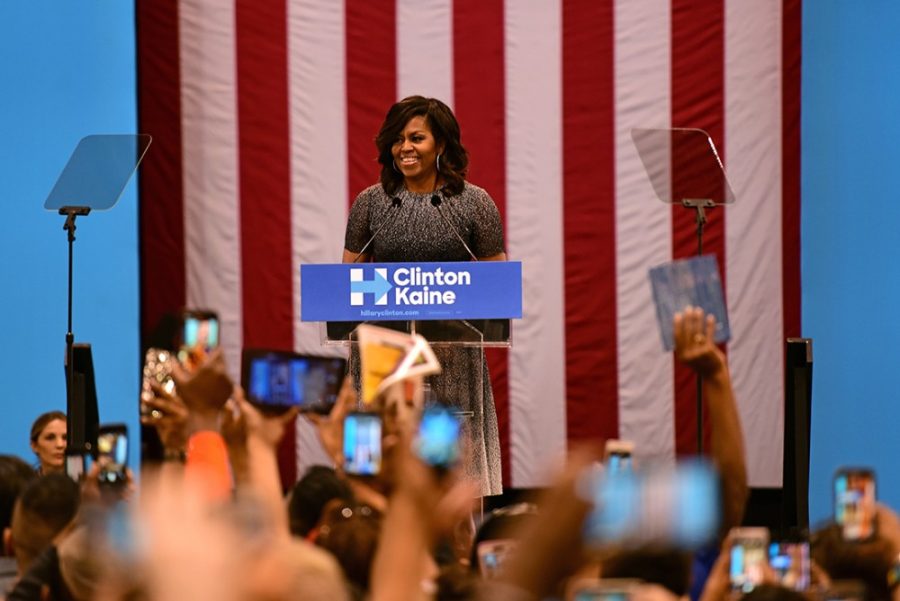 First Lady Michelle Obama greets an excited crowd at the Phoenix Convention Center in Phoenix, Ariz. on Thursday, Oct. 20, 2016. (Photo by Rebecca Noble / Arizona Sonora News)
