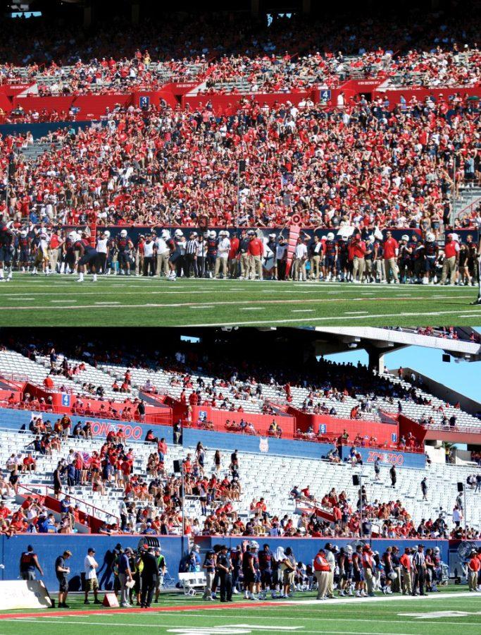The barren Zonazoo student section at the beginning of the first (top) and second (bottom) half of Arizonas 14-48 loss to USC on Saturday, October 15.