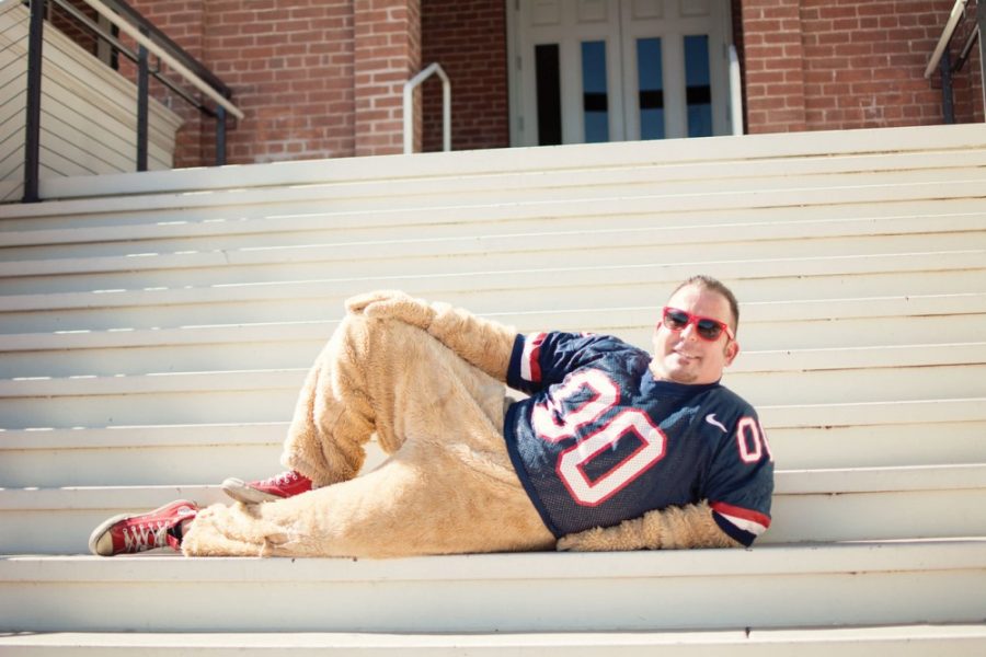 (Courtesy Kirk Sibley) Kirk Sibley, former UA mascot, poses in the Wilbur costume on the steps of Old Main. Sibley is coming back to don the Wilbur costume for the 20th consecutive year.