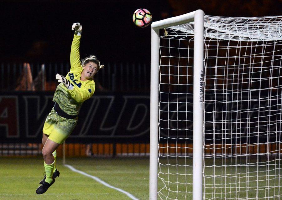 Arizona midfielder Kelcey Cavarra (6)s shot slips past UCLA goalkeeper Teagan Micah (20) for the Wildcats sole goal against the Bruins at Murphey Field at Mulcahy Soccer Stadium on Thursday, Oct.13, 2016. The Wildcats lost to the Bruins 1-2.