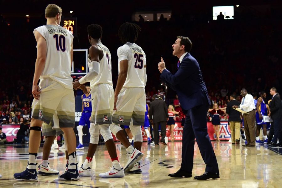 Assistant head coach Joe Pasternack gives last minute instructions during Arizonas 78-66 win over CSUB at McKale Center on Tuesday, Nov. 15, 2016.