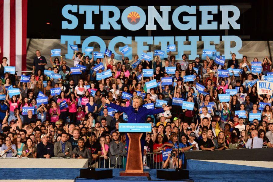 at a rally for Democratic presidential nominee Hillary Clinton on the ASU campus on Wednesday, Nov. 2, 2016. 