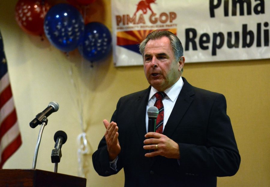 Mark Napier, recently elected Pima County Sheriff, speaks to attendees during the Pima County GOP Election Night Party at the Sheraton Tucson Hotel & Suites on Tuesday, Nov. 8, 2016. Napier won over incumbent Chris Nanos in the 2016 general election and was supported by the Pima County Deputy Sheriffs Association.