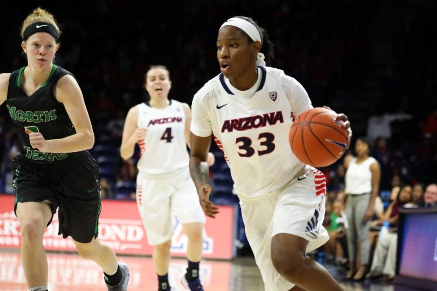 Arizona+womans+basketball+guard+Jalea+Bennett+%2833%29+dribbles+past+North+Texas+guard+Grace+Goodheart+in+games+against+North+Texas+Tuesday%2C+Nov.+22+in+McKale+Center.+Bennett+and+the+Wildcats+have+been+resilient+on+the+road+so+far+this+season%2C+coming+back+from+large+deficits+to+come+away+with+victories.
