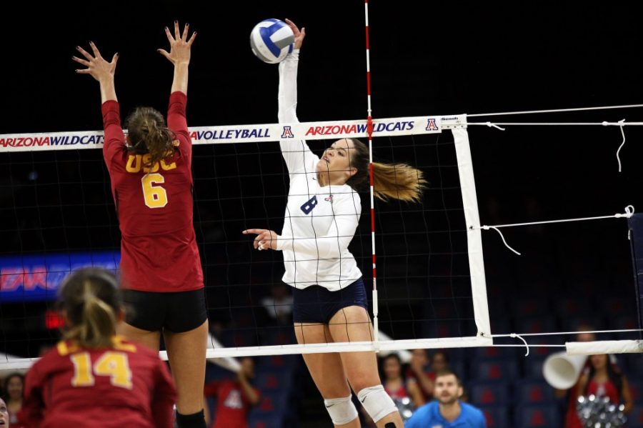 Arizona+outside+hitter+Kendra+Dahlke+%288%29+spikes+the+ball+against+No.+25+USC+in+McKale+Center+on+Wednesday%2C+Nov.+2.+The+Wildcats+advanced+to+the+Sweet+16+for+the+eighth+time+in+program+history+after+upsetting%26nbsp%3BMichigan+State+on+Saturday+in+East+Lansing%2C+Michigan.