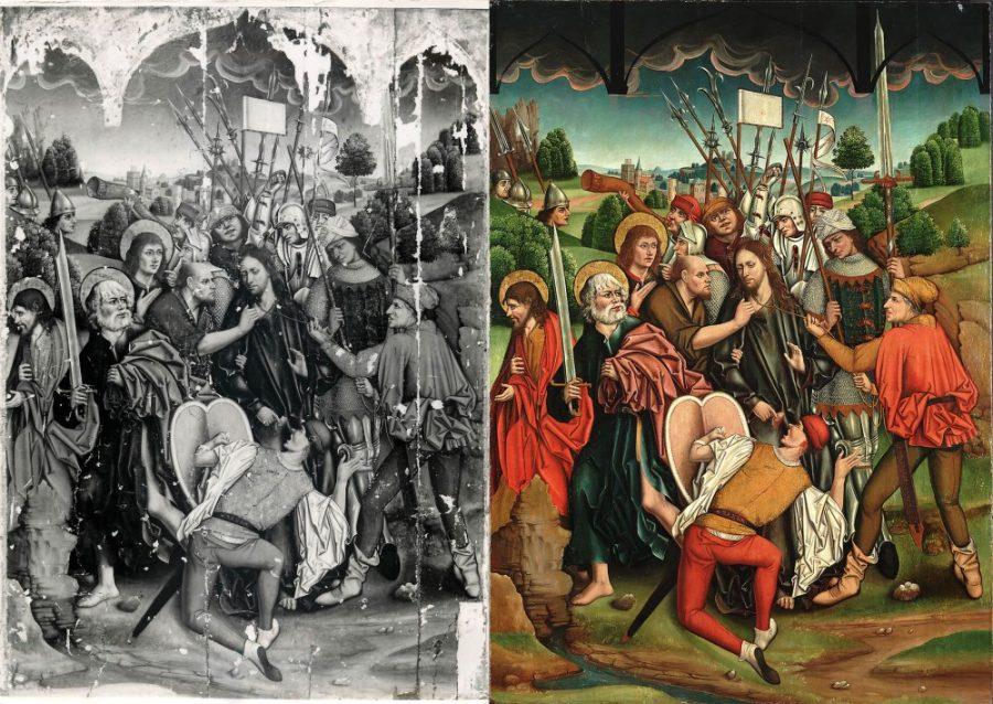 The Betrayal (1480-88) by Fernando Gallego and workshop is an oil on panel painting donated and restored by the Samuel H. Kress Foundation. It is one of many examples of art conservation that will be highlighted by Exposed. The left painting is the painting before conservation efforts, while the painting on the right is the painting after conservation efforts.