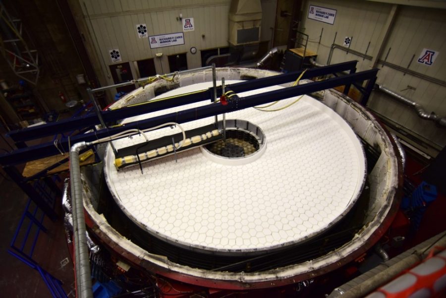 An overhead view of the mold used to make the seven mirrors in the Richard F. Caris Mirror Lab on Monday, July 13 2015, for the Giant Magellan Telescope, expected to be completed in 2025. Robert Shelton, ex-UA president, was recently chosen as the new president of the Giant Magellan Telescope Organization.