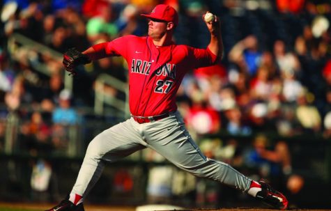 JC Cloney (27) pitches against Coastal Carolina on June 27, 2016, in Omaha, Nebraska. Cloney returns to be the ace on the Wildcats pitching staff.