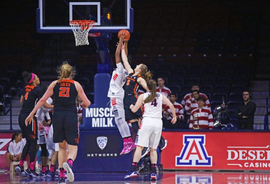 Arizonas Breanna Workman (0) attempts a layup while defending Oregon States Mikayla Pivec (0) during the Womens Basketball game on Feb. 5 in McKale Memorial Center.