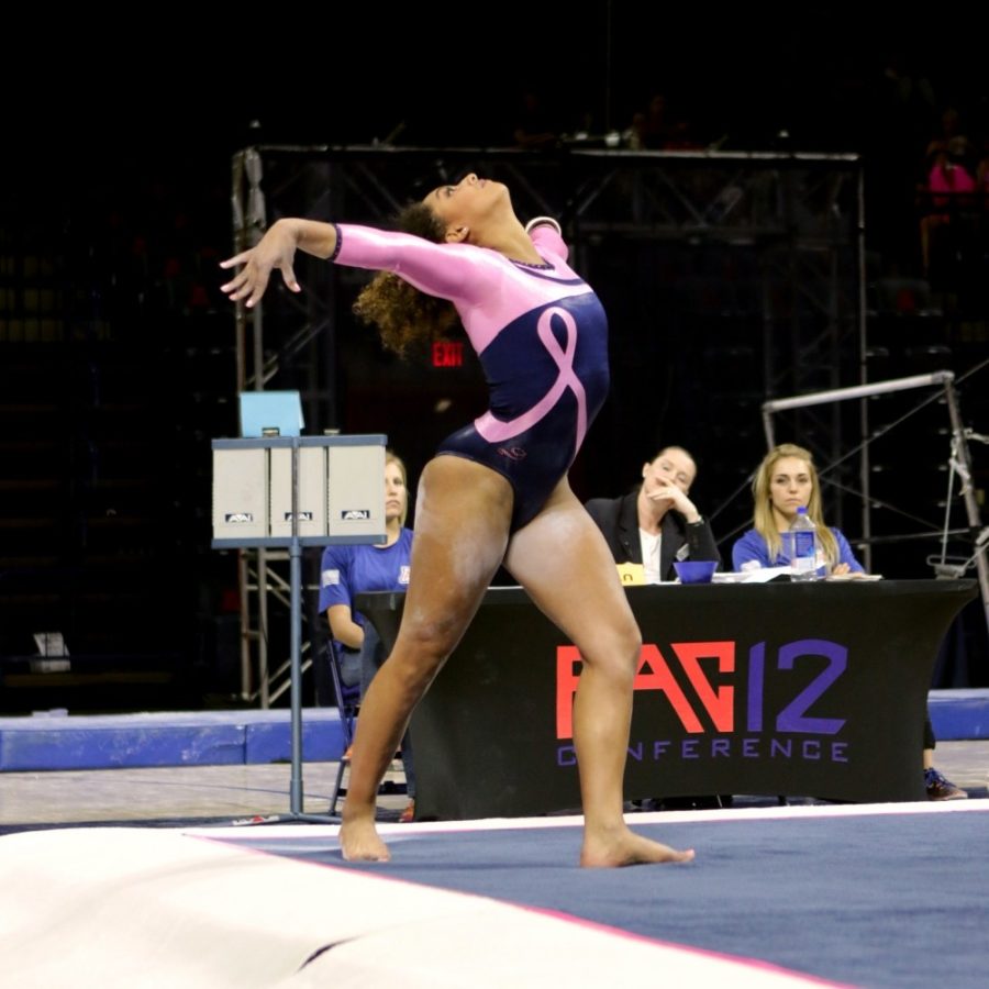 Arizona gymnast Kennady Schneider performs her floor routine on Feb. 27, 2016 in McKale Center.