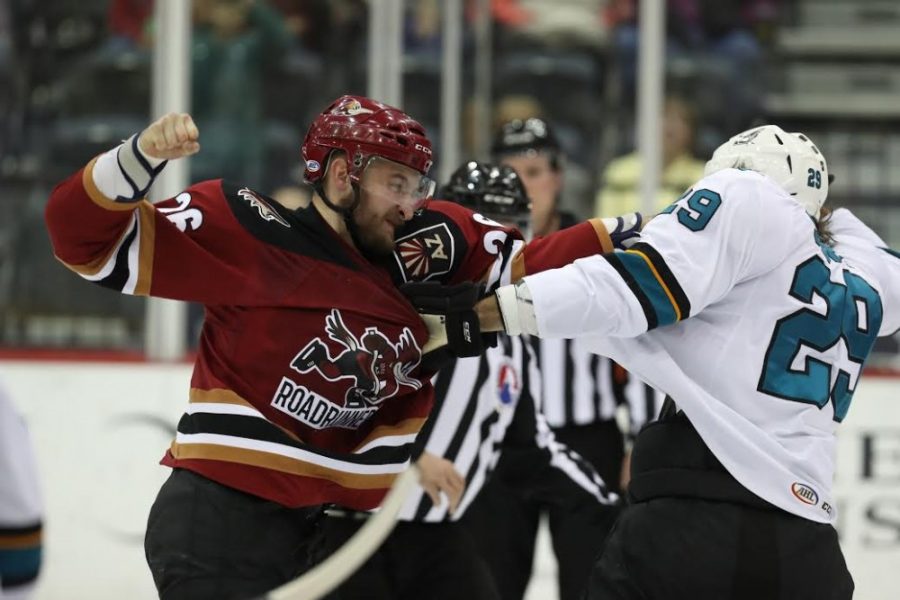 Tucson Roadrunner forward Stefan Fournier fights with San Jose Barracuda forward Zack Stortini during their game on Friday, February 24 at the Tucson Convention Center. 