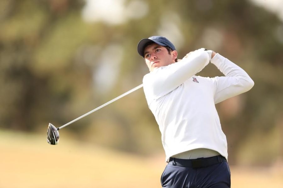 Arizona junior George Cunningham takes a swing using a driver in the National Invitational Tournament. Cunningham set a career-low over three rounds shooting 210 strokes. 