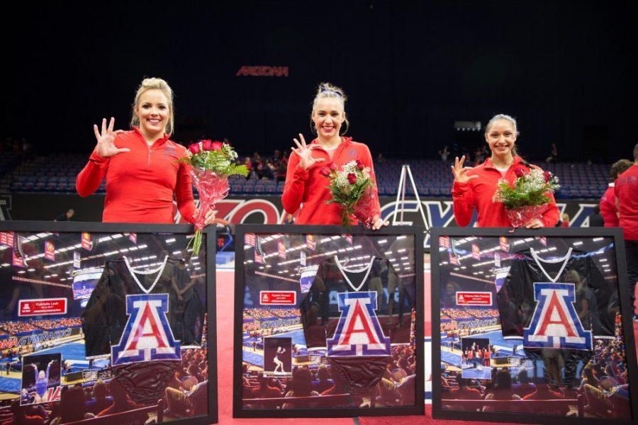 Arizona seniors Gabrielle Laub (left), Krysten Howard (middle) and Selynna Felix-Terrazas (right) are honored during senior night in McKale Center. 