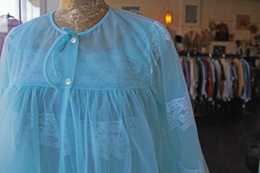 A blue peignoir on display at the How Sweet It Was Vintage shop on March 29. Vintage lounge wear and lingerie will be available at the shop for its Kittys Specialty Shop Art Party.