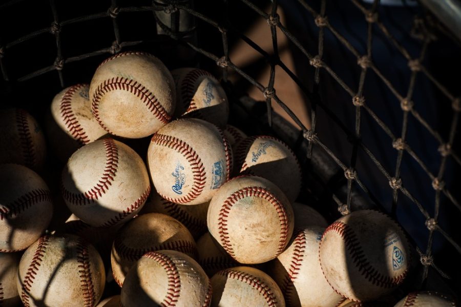 A basket of baseballs sits inside of the Arizona baseball dugout at Hi Corbett Field on March 11.