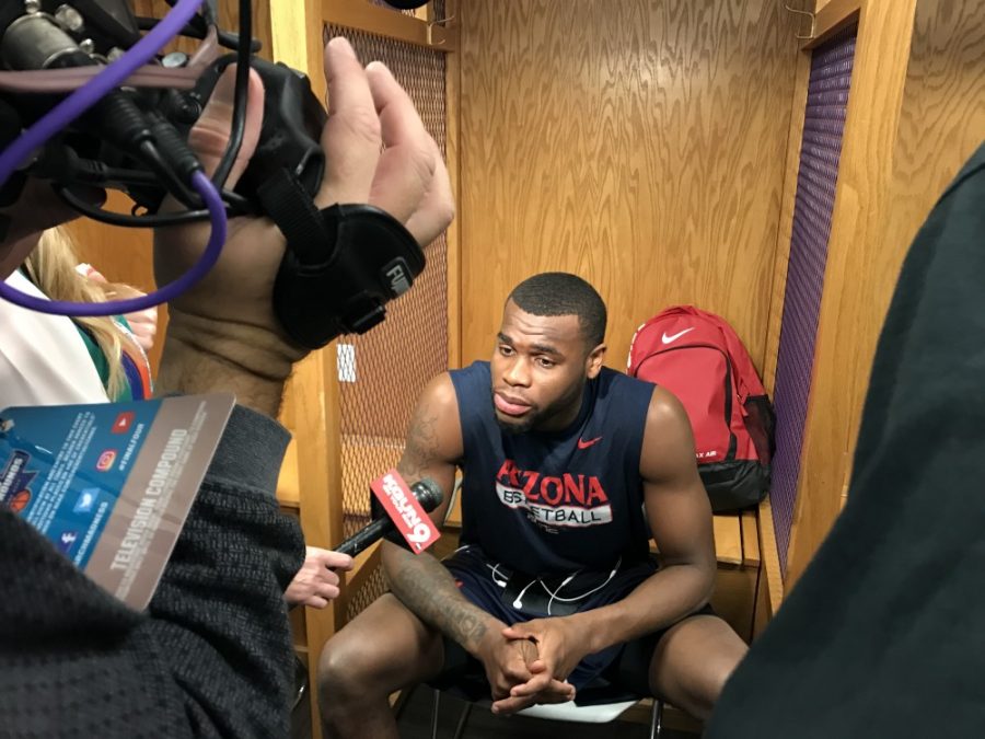 Arizona senior guard Kadeem Allen talks to reporters during Fridays media session before the Wildcats take on Saint Marys in the round of 32. Allen won his first game as a starter in the NCAA Tournament against North Dakota Thursday. 