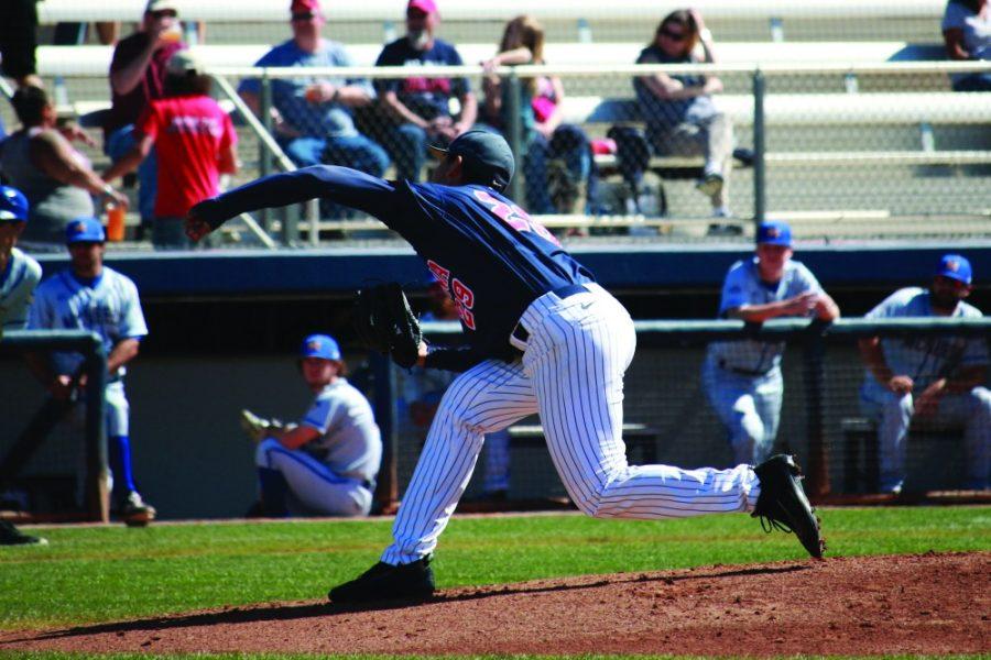 Arizonas Rio Gomez pitches during the UA-McNeese game, Feb. 25. The Wildcats swept McNeese State over the weekend.