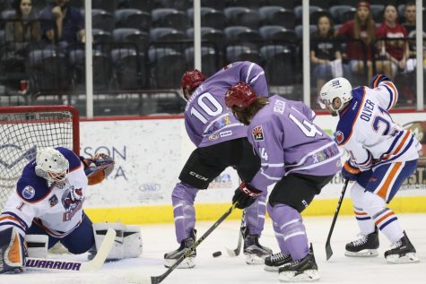 Roadrunner forward Tyler Gaudet (10) looks to put the puck past Bakersfield Condors goalie Jonas Gustavsson. The Roadrunners lost two games to the Condors over the weekend. 