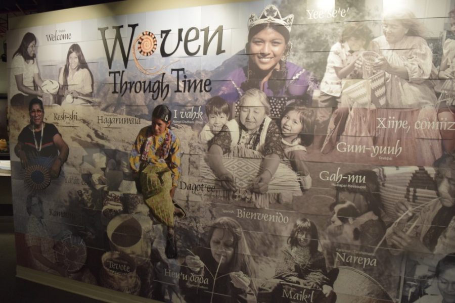 A mural decorating the entrance to the Woven Through Time exhibit at the Arizona State Museum. The exhibit contains more than 35,000 baskets and other woven materials from up to 8,000 years ago.