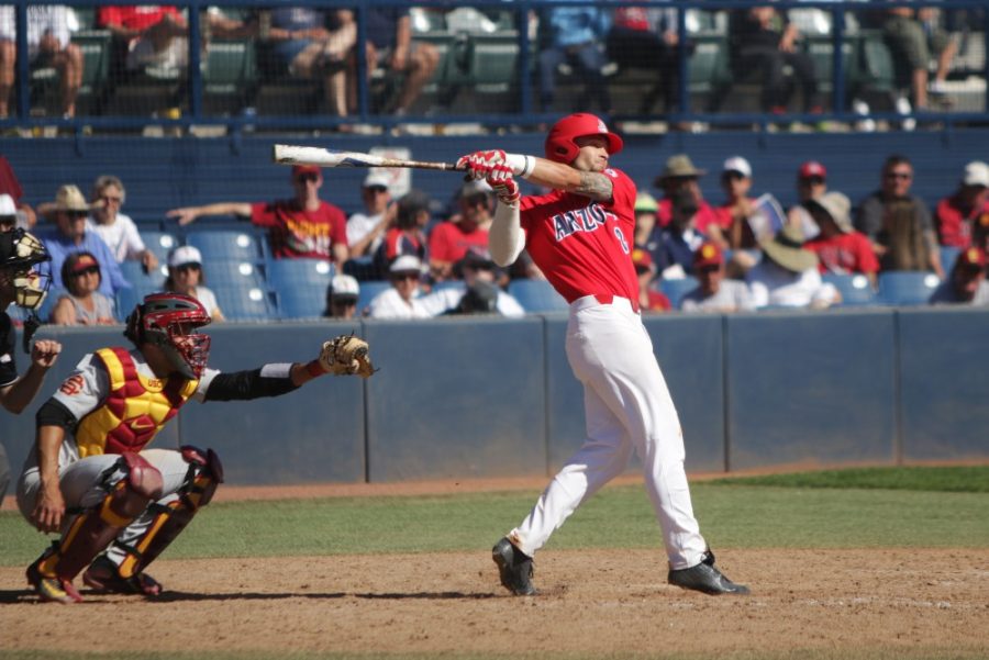 Arizona infielder J.J. Matijevic (24) at bat during the baseball game against USC on April 2 at Hi Corbett Field.