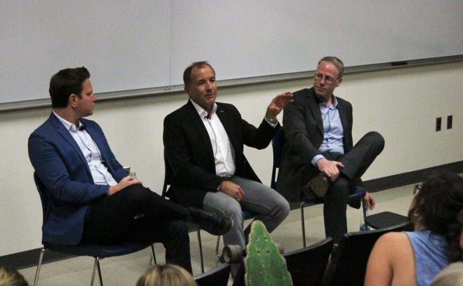From left to right: Dave Rubin, Michael Shermer and Steve Simpson during their panel on the Freedom of Speech event at the UA. Panelists encouraged audience members concerned about the suppression of their speech to back up their statements with facts.