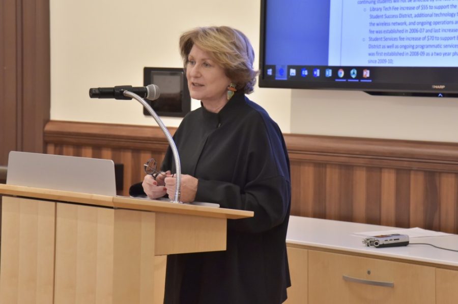 President Ann Weaver Hart talks about her optimism on Dr. Robert Robbins taking over as UA President at the faculty senate meeting on April 3. Hart said that Robbins will make a huge impact on the budget process.