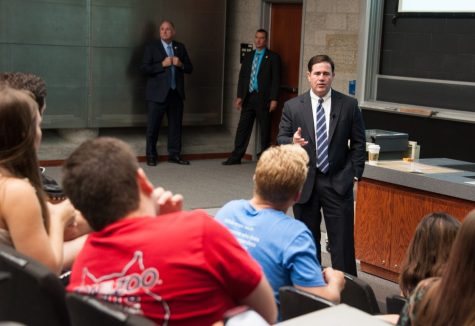 Arizona Governor Doug Ducey answers student questions during his visit to Dr. Paul Melendez's business ethics class at the Aerospace and Mechanical Engineering building on April 27. Governor Ducey answered questions on topics ranging from his aspirations in office to his work on balancing the state budget.