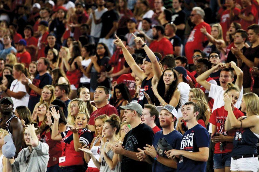 ZonaZoo cheers on the football team during the Beanie Bowl on Aug. 25, 2016 in the Arizona Stadium. According to Erika Barnes, senior associate athletic director, students will keep thier spot on the 50-yard line and ZonaZoo will receive an additional $40,000 per year due to the new athletics fee.
