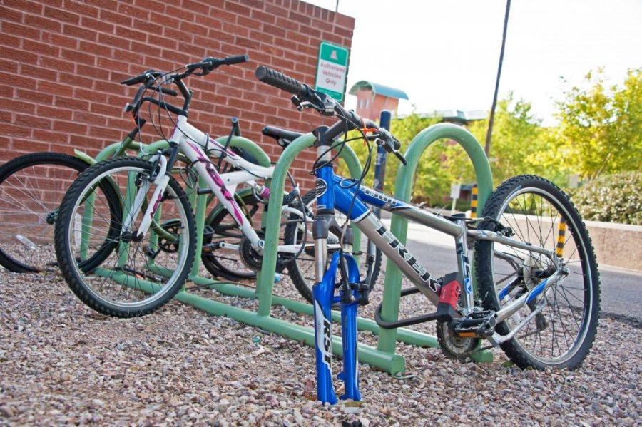 A bike with its front wheel stolen shows the prominence of bike theft on campus. 