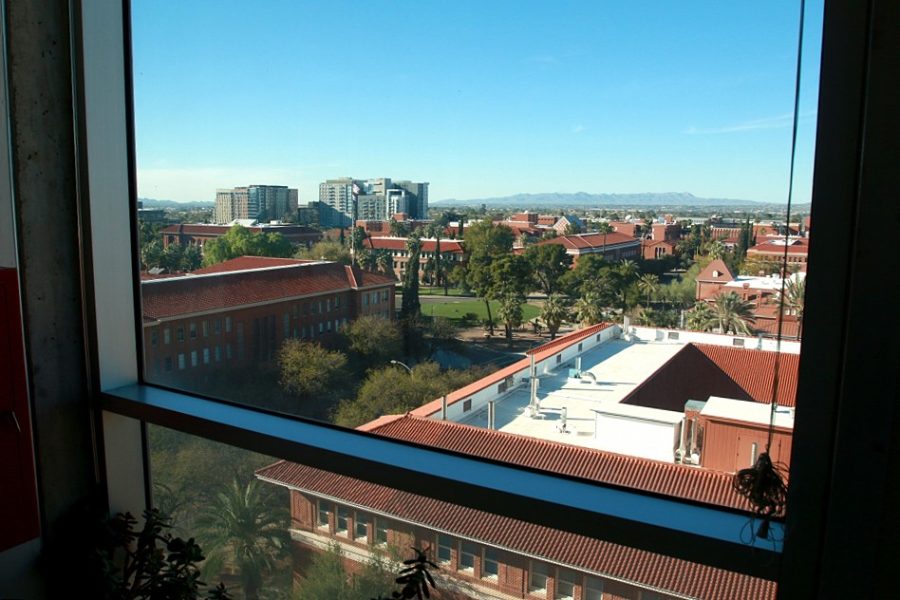 A window near the top of the Marley building provides a view across the sprawling UA campus on March 7.