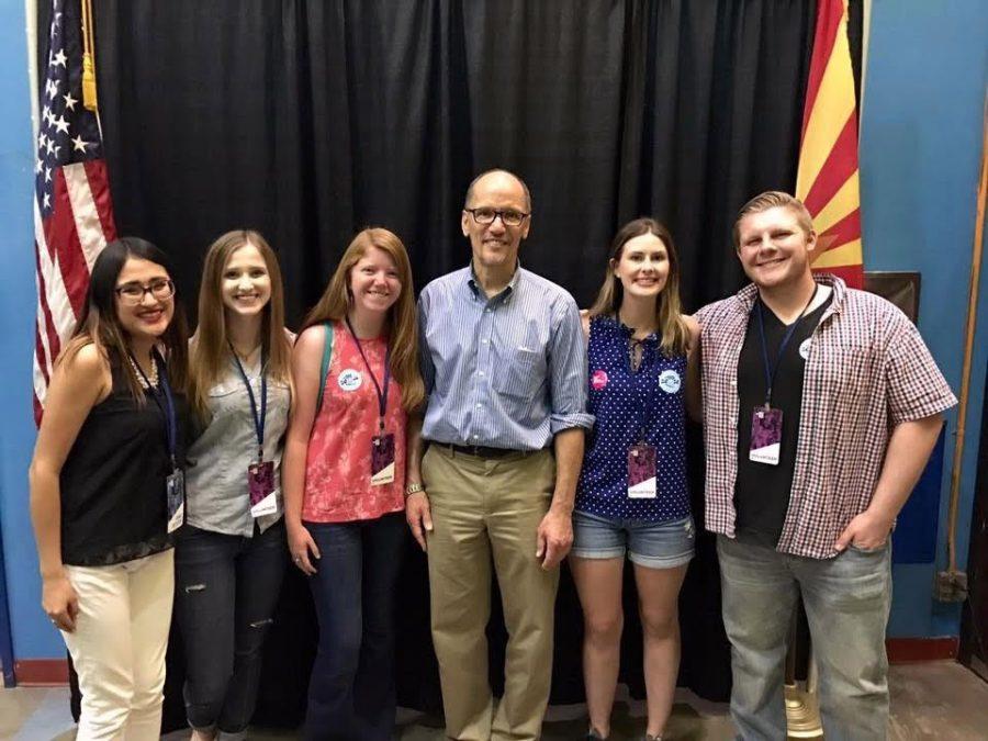 Young Democrats members pose with Tom Perez at the Tom Perez/Bernie Sanders political rally in Mesa, Arizona on April 21. A photo of the Young Republicans was unavailable.