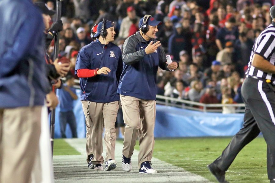 Arizona football head coach Rich Rod reacts to a targeting hit call during the second quarter of No. 14 Arizona footballs 17-7 defeat against No. 25 UCLA at the Rose Bowl in Pasadena, Calif. Arizona football went 3-9 on the 2016-2017 season and earned its first and only Pac-12 win.