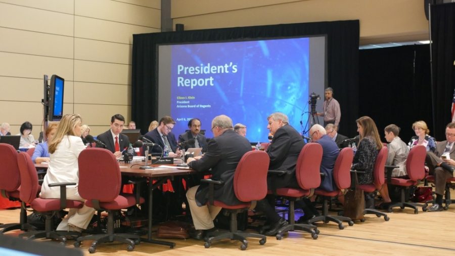 The Arizona Board of Regents await comments from the public at their meeting on April 6 in the Grand Ballroom of the Student Union Memorial Center. The regents met at Northern Arizona University during their June meeting to approve budgets and strategic plans. 