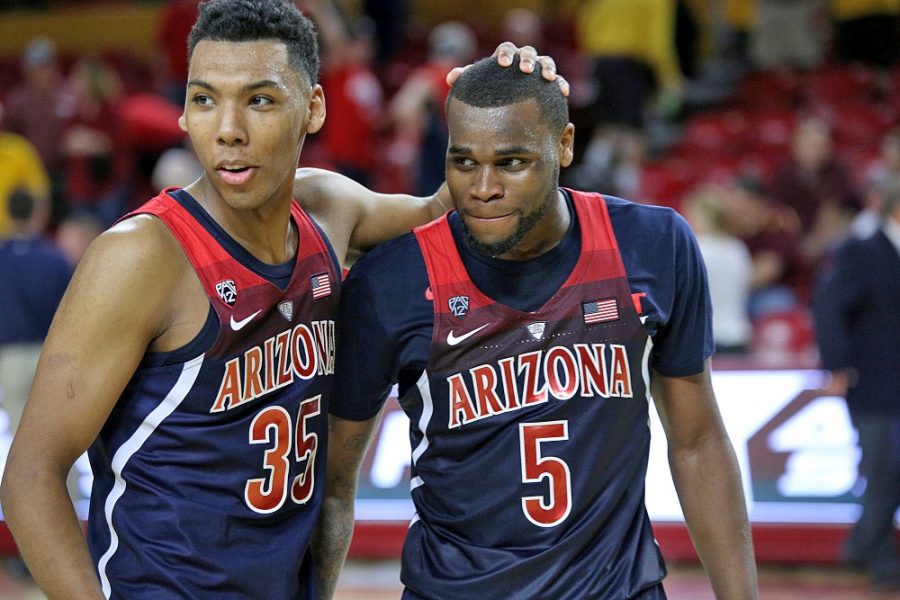 Allonzo Trier (35) and Kadeem Allen (5) after the Wildcats win against the Arizona State Sun Devils on March 4. Trier scored 19 points for Arizona as they defeated the Sun Devils 73-60.