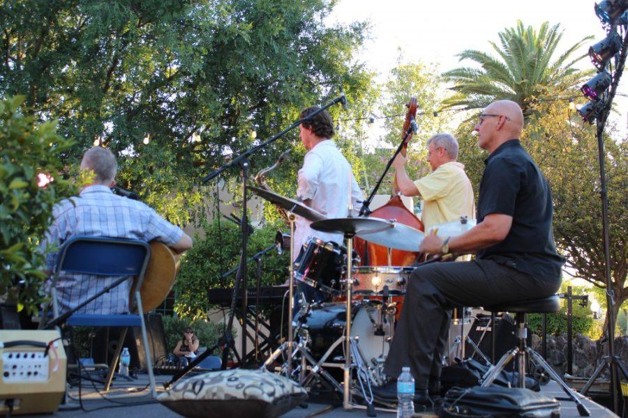 A jazz band performs a free concert at Main Gate Square. Every other Friday, University Boulevard becomes a concert venue for anyone to come and experience great jazz musicians.