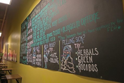 The menu at Scented Leaf, a popular tea shop on University Boulevard. The shop offers many teas and specialty options.