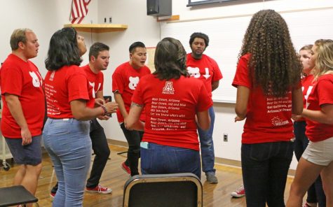 Noteriety, a student a capella group, practicing "The Greatest" by Sia at the Fred Fox School of Music on Aug. 20. 