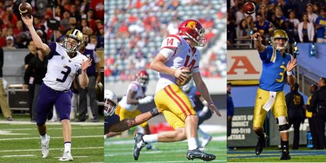 Left: Washington quarterback Jake Browning (3) throws a pass during Arizona's overtime 35-28 loss to Washington in Arizona Stadium on Sept. 24, 2016. (Rebecca Noble/The Daily Wildcat)Center: USC quarterback Sam Darnold (14) evades an Arizona tackler on Oct. 15, 2016 at Arizona Stadium. Darnold is considered the front-runner for the Heisman this year. (Sydney Richardson/The Daily Wildcat)Right: UCLA quarterback Josh Rosen (3) throws a pass during Arizona's 45-24 loss to UCLA at the Rose Bowl Stadium in Pasadena, Calif., on Oct. 1, 2016. Rosen makes his return to Arizona Stadium after having a career day against the Wildcats in 2015. (Rebecca Noble/The Daily Wildcat)