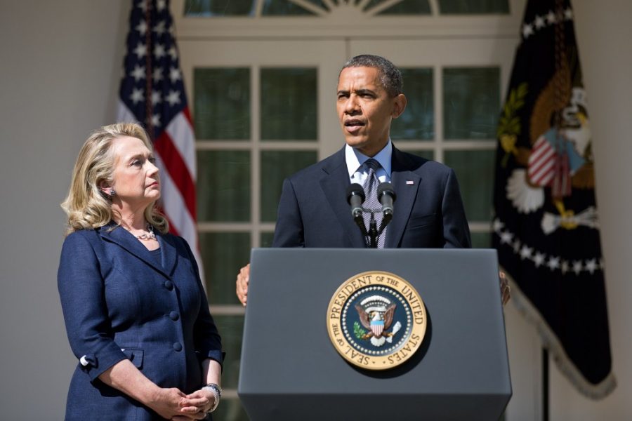 President Barack Obama, with Secretary of State Hillary Rodham Clinton, delivers a statement in the Rose Garden of the White House, Sept. 12, 2012, regarding the attack on the U.S. consulate in Benghazi, Libya. (Official White House Photo by Lawrence Jackson)