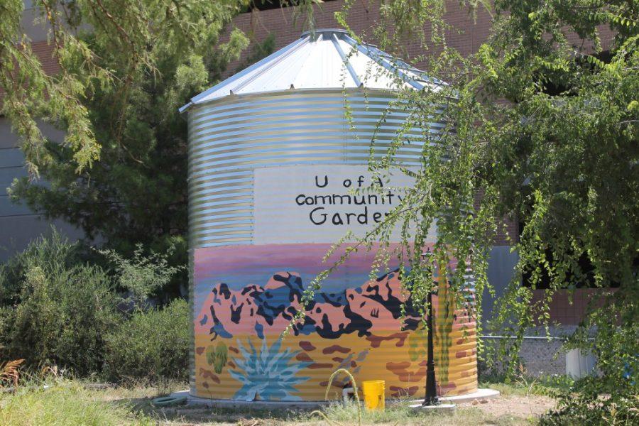 A rainwater cistern at the University Of Arizona Community Garden, located on 1400 E. Mabel St. The garden is a community effort to grow plants that can thrive in the desert environment, including peppers, sunflowers and corn.